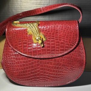 Elegant Red Crocodile Pattern Bag with Gold Accent